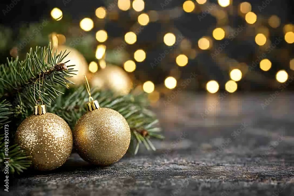 Poster elegant golden christmas baubles on pine branch with glowing bokeh lights : generative ai