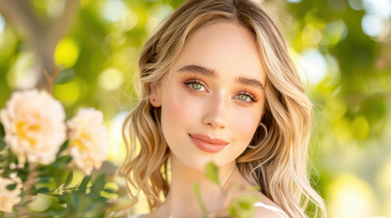 Captivating portrait of a stunning young woman with vibrant blonde hair and enchanting green eyes that draw you in.