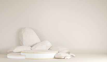 Podium made of paper on pastel background with  pebbles and natural stones. Mock up for the exhibitions, presentation of products, therapy, relaxation and health.  3d rendering