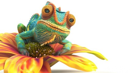 Fototapeta premium A Colorful Chameleon Resting on a Yellow Flower