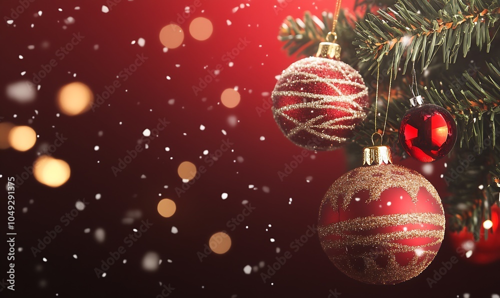 Poster glistening red christmas baubles on evergreen branch with falling snow and soft glowing lights : gen