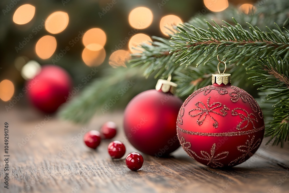 Poster festive red christmas baubles with evergreen pine branch and soft bokeh lights background : generati