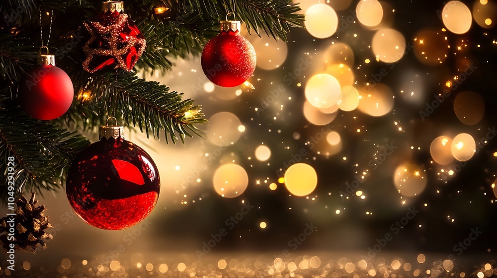 Aufkleber red christmas ornaments on tree with golden bokeh and star accents : generative ai