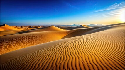 Naklejka premium Vast desert landscape with rolling dunes under a clear blue sky, symmetrical and peaceful