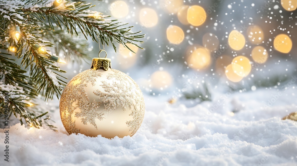 Poster golden christmas ornament in snowy winter scene with twinkling lights on tree branch : generative ai