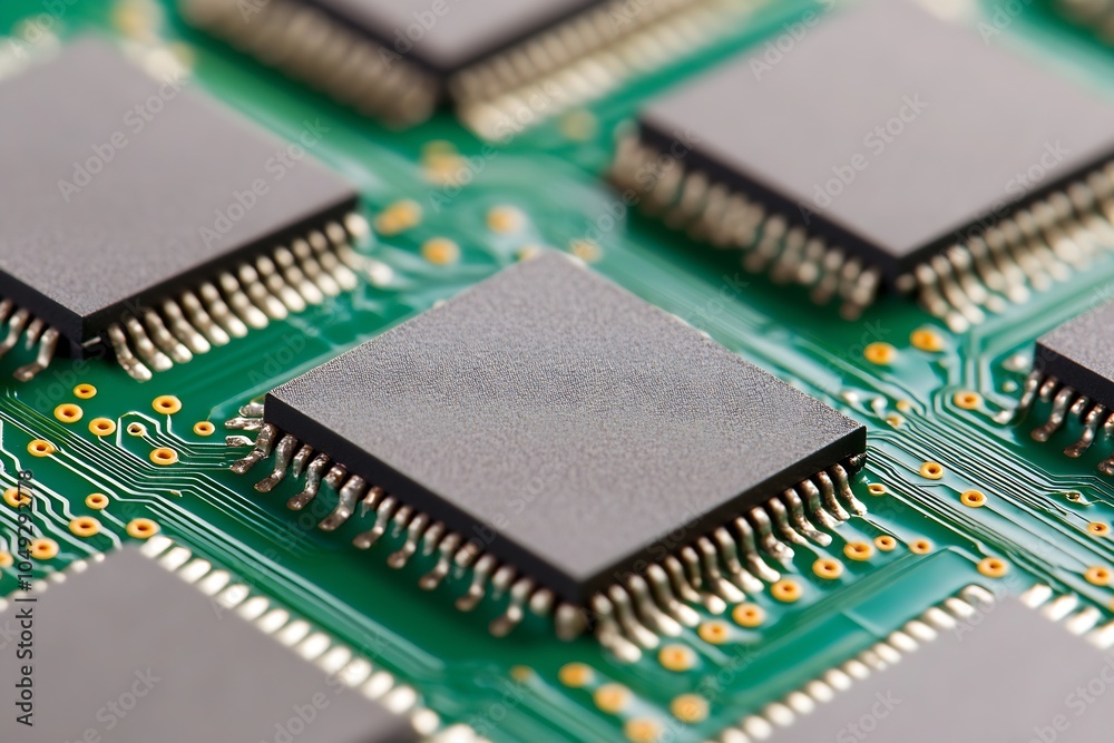 Poster close up view of electronic microchips on circuit board for technological industry use : generative 