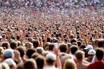 Obraz premium Large enthusiastic crowd at a concert raising hands in a vibrant display of excitement and energy : Generative AI