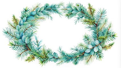 Watercolor Christmas wreath of spruce and eucalyptus twig in blue background