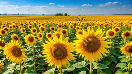Obraz premium A bright yellow sunflower field stretching as far as the eye can see, sunflowers, rural, nature