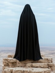 Mysterious figure in black cloak standing on rocky outcrop