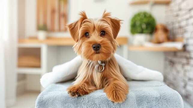 Skilled groomer expertly trims fur on a tiny pup at a cozy pet spa. Quality service for your beloved furry friend