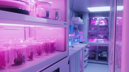 Rows of plants under pink lights in a laboratory.