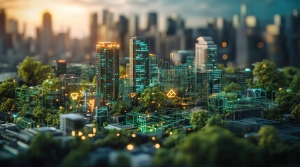 Naklejka premium Futuristic cityscape with green technology and urban development.