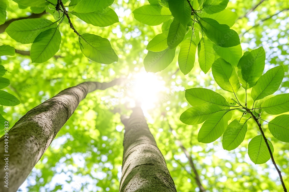 Poster sunlit view from below lush green trees with bright sunlight peeking through vibrant leaves in a ser