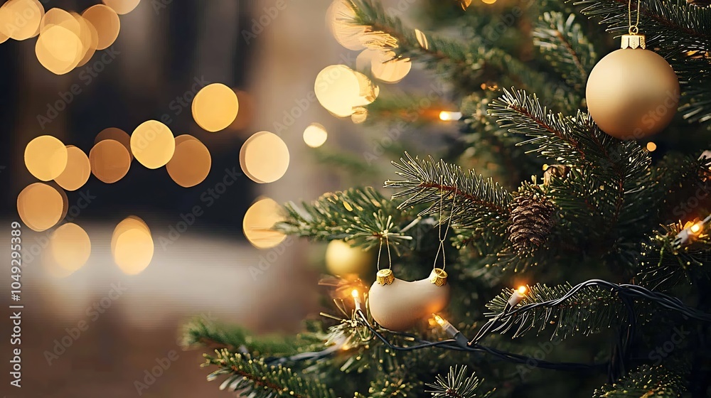 Poster elegant christmas tree with gold ornaments and twinkling bokeh lights for a sophisticated holiday vi