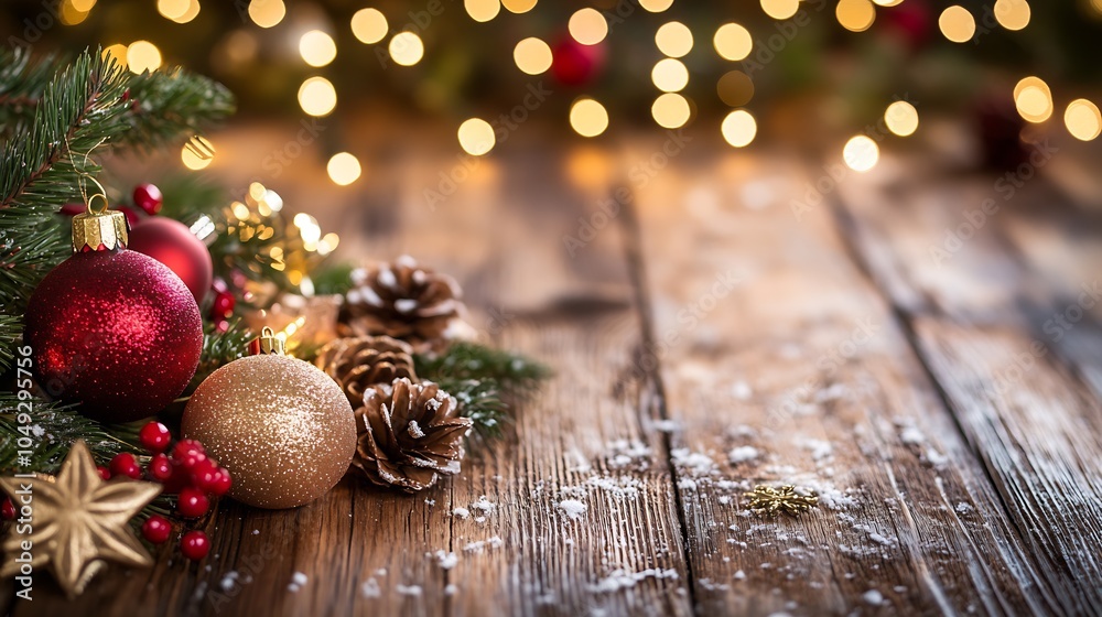 Poster Rustic Christmas Ornament Display with Pinecones and Bokeh Lights on Wooden Surface : Generative AI