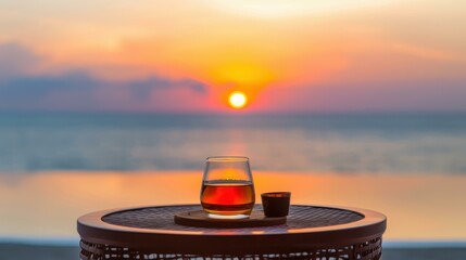 Savor a serene evening with a bottle and glass of whisky, framed by a stunning beach sunset and gentle sea waves.