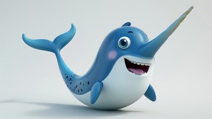 A Cheerful Blue Cartoon Narwhal with a Spirited Expression