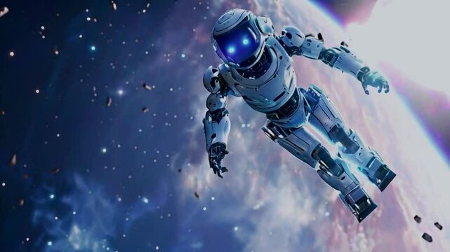 A futuristic robot floats in space, surrounded by stars and cosmic debris.
