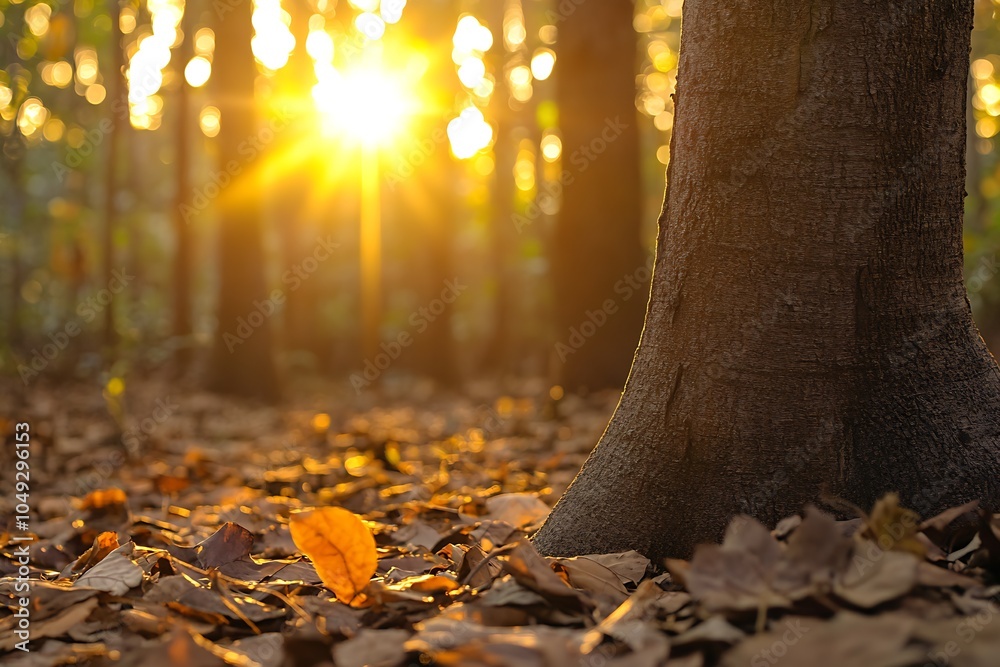 Poster Warm Autumn Sunset through Dense Forest Casting Shadows on Leaves and Tree Trunk : Generative AI