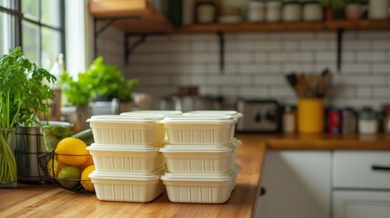 Biodegradable food containers stacked kitchen highlighting sustainable choices. AI generated