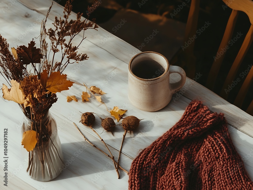 Poster cozy autumn vibes with rustic table decor featuring knit sweater and warm mug : generative ai
