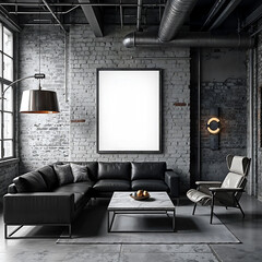 Mock up poster frame in industrial style interior background, living room, minimalistic style, template