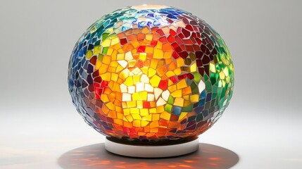 A colorful mosaic lamp with vibrant glass pieces, radiating warmth, displayed on a clean white backdrop, bringing an artistic touch to your space