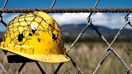 Worn Yellow Safety Helmet Hanging on Chain Link Fence in Field : Generative AI