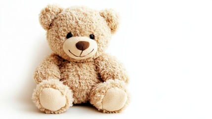A cute little brown teddy bear sitting peacefully on a clean white background, its soft texture and warm smile inviting feelings of comfort