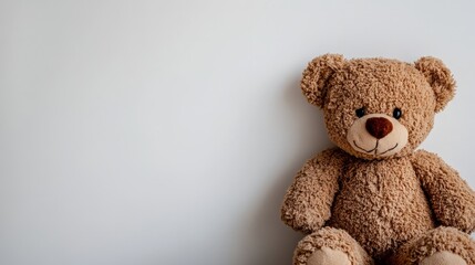 Obraz premium A cute, small brown teddy bear, perfectly posed against a plain white backdrop, symbolizing simplicity and the joy of childhood