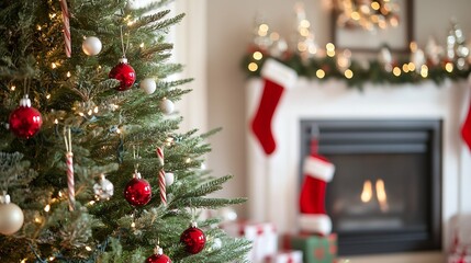 Festive Christmas Tree with Red Ornamental Decorations and Stockings by Cozy Fireplace : Generative AI
