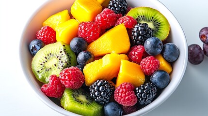Obraz premium Colorful Assorted Fruit Bowl Highlighting Fresh Ripe Berries and Tropical Kiwi : Generative AI