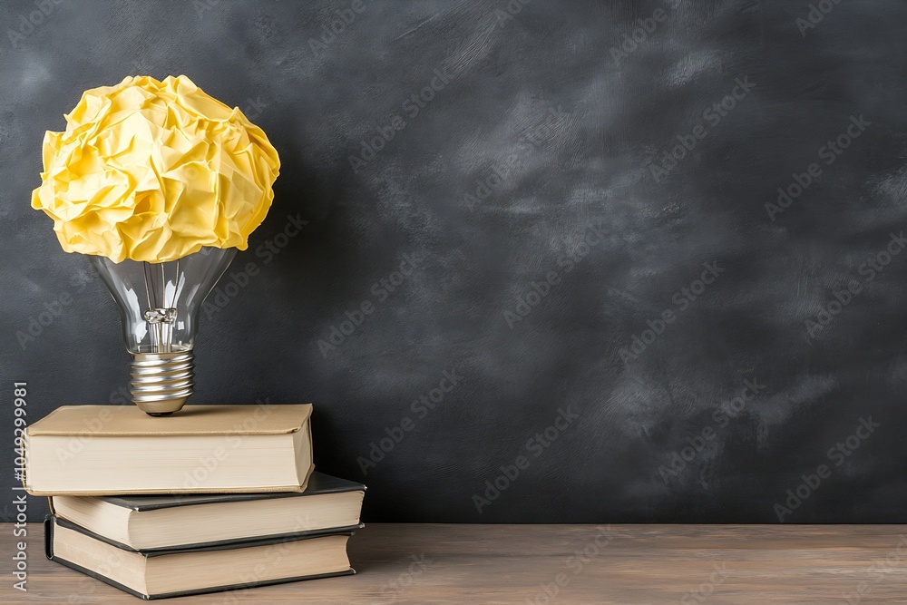 Poster Innovative Light Bulb with Crumpled Paper Ideas on Books and Blackboard Backdrop : Generative AI