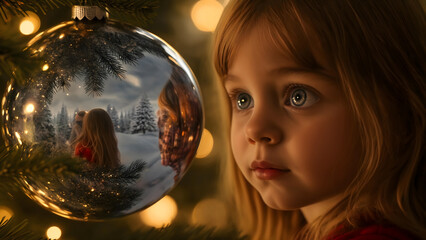Fototapeta premium A young girl gazes thoughtfully at a Christmas ornament reflecting a winter landscape and family memories during the holiday season