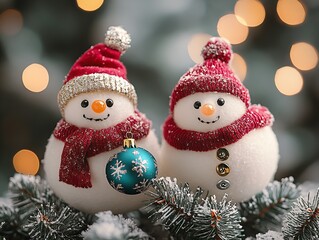 Adorable Snowman Duo Dressed for the Holidays in Glittering Scarf and Hat : Generative AI