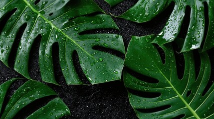 Fototapeta premium 暗い背景に水滴が付いた熱帯のモンステラの葉 - 自然と植物のコンセプト