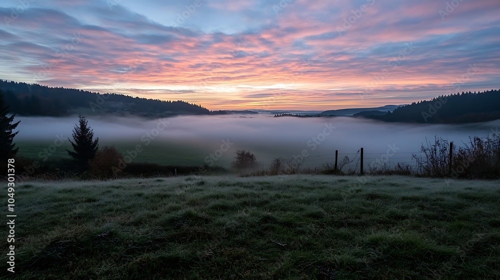 Poster foggy sunrise over grassy field and distant mountains creating a mystical scene : generative ai