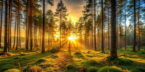 Obraz premium A forest bathed in soft golden light as the sun dips below the horizon, purple tones, earthy, natural, foliage