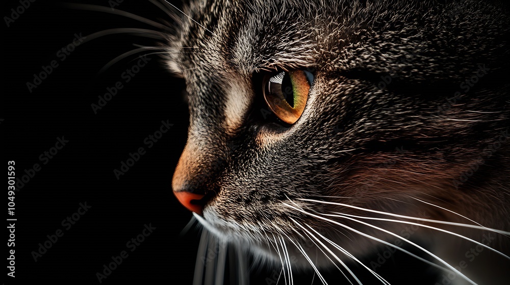 Poster close up portrait of a tabby cats face with whiskers on black background : generative ai