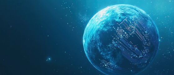 Fototapeta premium A digital representation of a glowing planet surrounded by stars in a cosmic environment.