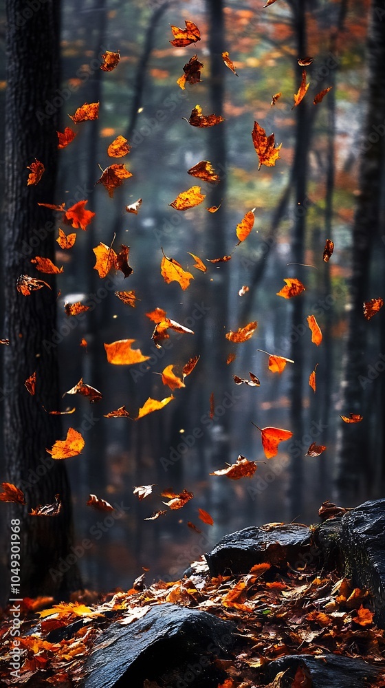 Poster vibrant autumn scene with colorful leaves floating in the forest air : generative ai