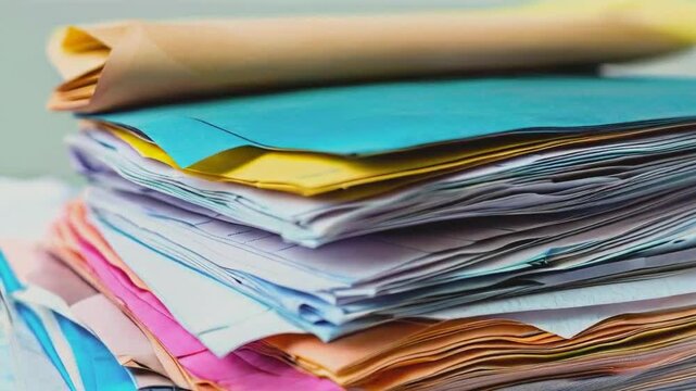 A stack of colorful papers and a rolled sheet, suggesting organization and office use.