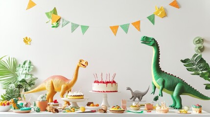 A dinosaur themed birthday party scene, filled with decorations and cake, set against a clean white background for celebration vibes