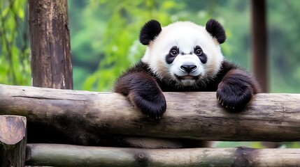 Fototapeta premium Giant Panda Cub Observing from a Log in a Lush Green Forest Environment : Generative AI