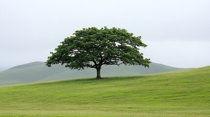 Lonely Tree on Rolling Hills in Misty Environment Capturing the Essence of Solitude and Tranquility : Generative AI