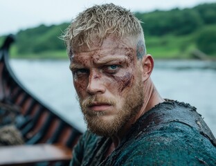 Rugged viking warrior with battle scars and intense gaze