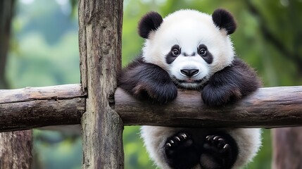 Obraz premium Charming Panda Cub Curiously Peeking Over a Rustic Wooden Fence : Generative AI