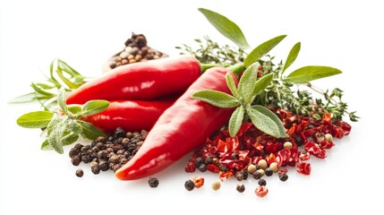 A fresh pepper arranged with herbs and spices, creating a vibrant cooking scene on a bright white backdrop