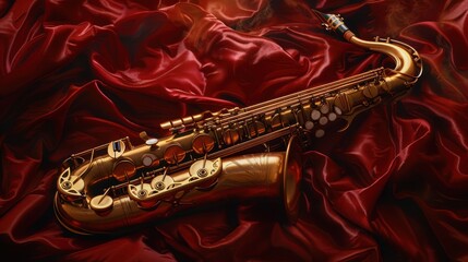 Golden Tenor Saxophone Rests on Red Satin Fabric - obrazy, fototapety, plakaty